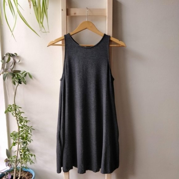 Modcloth Charcoal Heather Tank Sleeveless Jersey Swing Dress Keyhole Tie - Picture 1 of 4